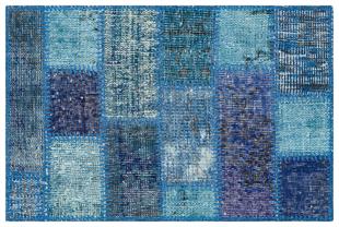 Gerçek El Dokuma Mavi Rengi Taşli Desen Patchwork Paspas-50x80