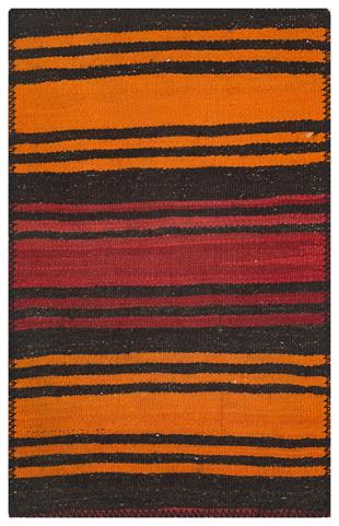 TURUNCU KIRMIZI RENGİ EL DOKUMA SİYAH KEÇİ KILI KİLİM YÜNLÜ PASPAS