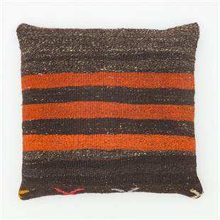 SİYAH TURUNCU RENGİ ÇİZGİLİ DESEN EL DOKUMA KEÇİ KILI YASTIK KILIFI