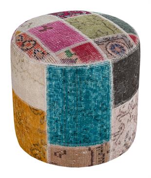 GERÇEK EL DOKUMA MULTİ RENGİ PATCHWORK YUVARLAK PUF