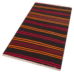 Turuncu Siyah Rengi Çizgili El Dokuma Anadolu Yün Kilim