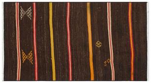 EŞSİZ EL DOKUMA KAHVERENGİ TURUNCU ÇİZGİLİ DESEN KEÇİ KILI KİLİM