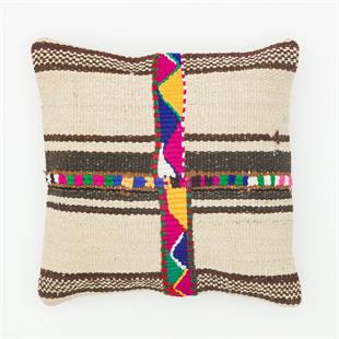 BEJ KAHVERENGİ DESENLİ EL DOKUMA KENDİR KİLİM YASTIK KILIFI