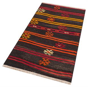 GERÇEK EL DOKUMA SARI KIRIMIZI RENGİ ÇİÇEKLİ DESEN YÜN KİLİM