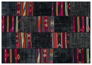 Geneleksel El Dokuma Siyah Halı Kilim Karışık Patchwork Halısı