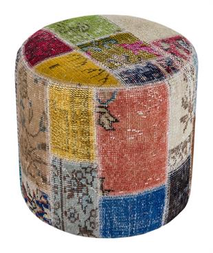 GERÇEK EL DOKUMA MULTİ RENGİ PATCHWORK YUVARLAK PUF