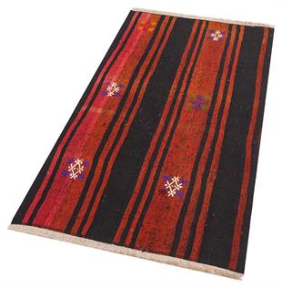GERÇEK EL DOKUMA SİYAH KIRMIZI RENGİ ÇİZGİLİ KEÇİ KILI YÜN KİLİM