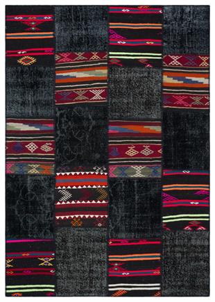 Geneleksel El Dokuma Siyah Halı Kilim Karışık Patchwork Halısı