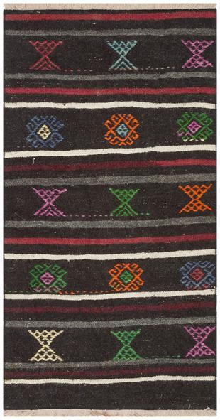 Siyah Çok Renkli El Dokuma Keçi Kılı Yün Kilim