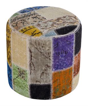 GERÇEK EL DOKUMA MULTİ RENGİ PATCHWORK YUVARLAK PUF