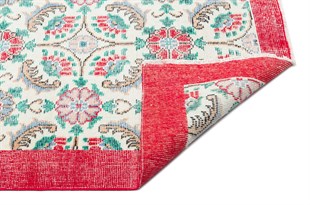 Krem Rengi Kırmızı Çiçekli El Dokuma Vintage Halı