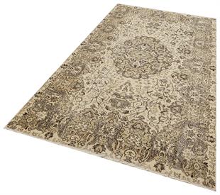 GERÇEK EL DOKUMA BEJ RENGİ KAHVRENGİ GÖBEKLİ DESEN VİNTAGE HALISI