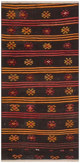 ANADOLU EL DOKUMA SARİ KİREMİT RENGİ ÇİÇEKLİ DESEN YÜN KİLİM