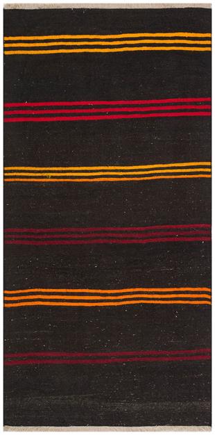 SİYAH ÇOK RENKL, ÇİZGİLİ DESEN EL DOKUMA KEÇİ YÜN KİLİM