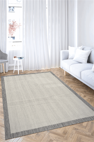  KOLAY TEMİZLENEN GRİ BORDÜRLÜ BEJ RENGİ HAV TOZ VERMEZ KAYMAZ TABANLI ŞIK JÜT SİSAL KİLİM