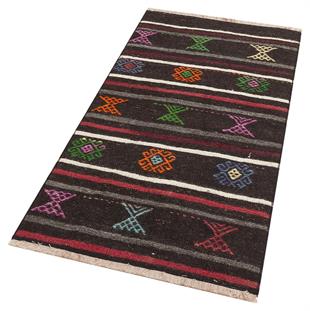Siyah Çok Renkli El Dokuma Keçi Kılı Yün Kilim