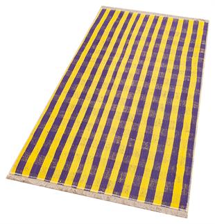 MAVİ RENGİ KARELİ DESEN EL DOKUMA VİNTAGE KİLİM  