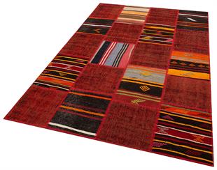 Geneleksel El Dokuma Kırmızı Rengi Halı Kilim Karışık Patchwork Halısı