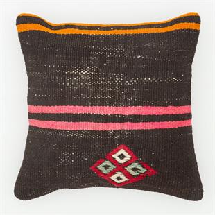 TURUNCU PEMBE ÇİZGİLİ EL DÜĞÜMLÜ SİYAH KEÇİ KILI YASTIK KILIFI