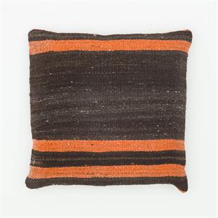 GERÇEK EL DOKUMA SİYAH TURUNCU RENGİ ÇİZGİLİ KEÇİ KİLİ YASTIK KILIFI