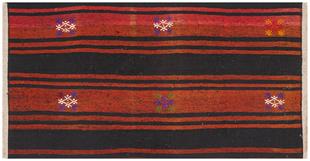 GERÇEK EL DOKUMA SİYAH KIRMIZI RENGİ ÇİZGİLİ KEÇİ KILI YÜN KİLİM