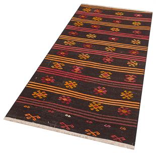 ANADOLU EL DOKUMA SARİ KİREMİT RENGİ ÇİÇEKLİ DESEN YÜN KİLİM