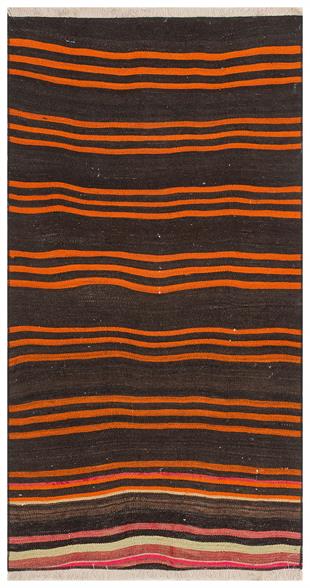 Siyah Turuncu Rengi Çizgili El Dokuma Keçi Kılı Yün Yolluk Kilim
