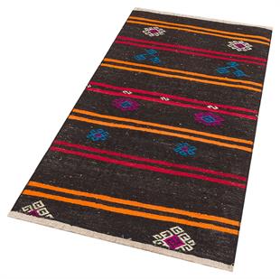 SARİ KIRMIZI RENGİ ÇİZGİLİ DESEN EL DOKUMA ANADOLU KİLİM