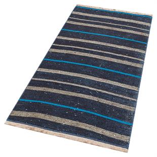 EL DOKUMA LACİVERT GÜMÜŞ RENGİ ÇİZGİLİ DESEN KEÇİ KILI ETNİK KİLİM