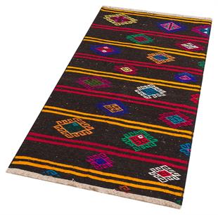 Siyah Çok Renkli El Dokuma Keçi Kılı Yün Kilim