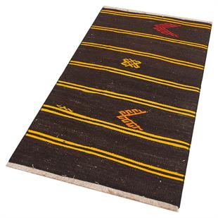 GERÇEK EL DOKUMA SARİ RENGİ ÇİZGİLİ DESEN ANADOLU KİLİM