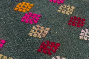 GERÇEK EL DOKUMA ÇİÇEKLİ DESEN YEŞİL KİLİM PASPAS
