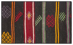 RENKLİ ÇİZGİLİ SİYAH KEÇİ KILI EL DOKUMA KİLİM PASPAS