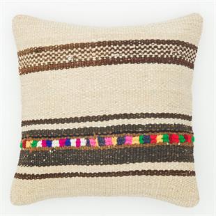 EL DÜĞÜMLÜ BEYAZ ETNİK KENDİR KİLİM YASTIK KILIFI