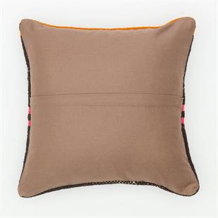 TURUNCU PEMBE ÇİZGİLİ EL DÜĞÜMLÜ SİYAH KEÇİ KILI YASTIK KILIFI