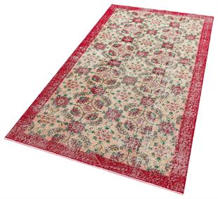 GENELEKSEL EL DOKUMA NATUREL RENGİ ÇİÇEKLİ DESEN ESKİTME VİNTAGE HALISI