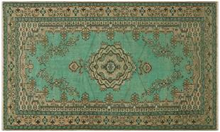 GERÇEK EL DOKUMA  VİZON YEŞİL RENGİ GÖBEKLİ DESEN YÜN HALISI