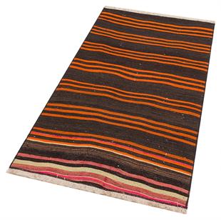 Siyah Turuncu Rengi Çizgili El Dokuma Keçi Kılı Yün Yolluk Kilim