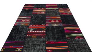 Geneleksel El Dokuma Siyah Halı Kilim Karışık Patchwork Halısı