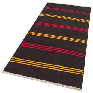 GERÇEK EL DOKUMA SARI KIRIMIZI RENGİ ÇİZGİLİ DESEN YÜN KİLİM