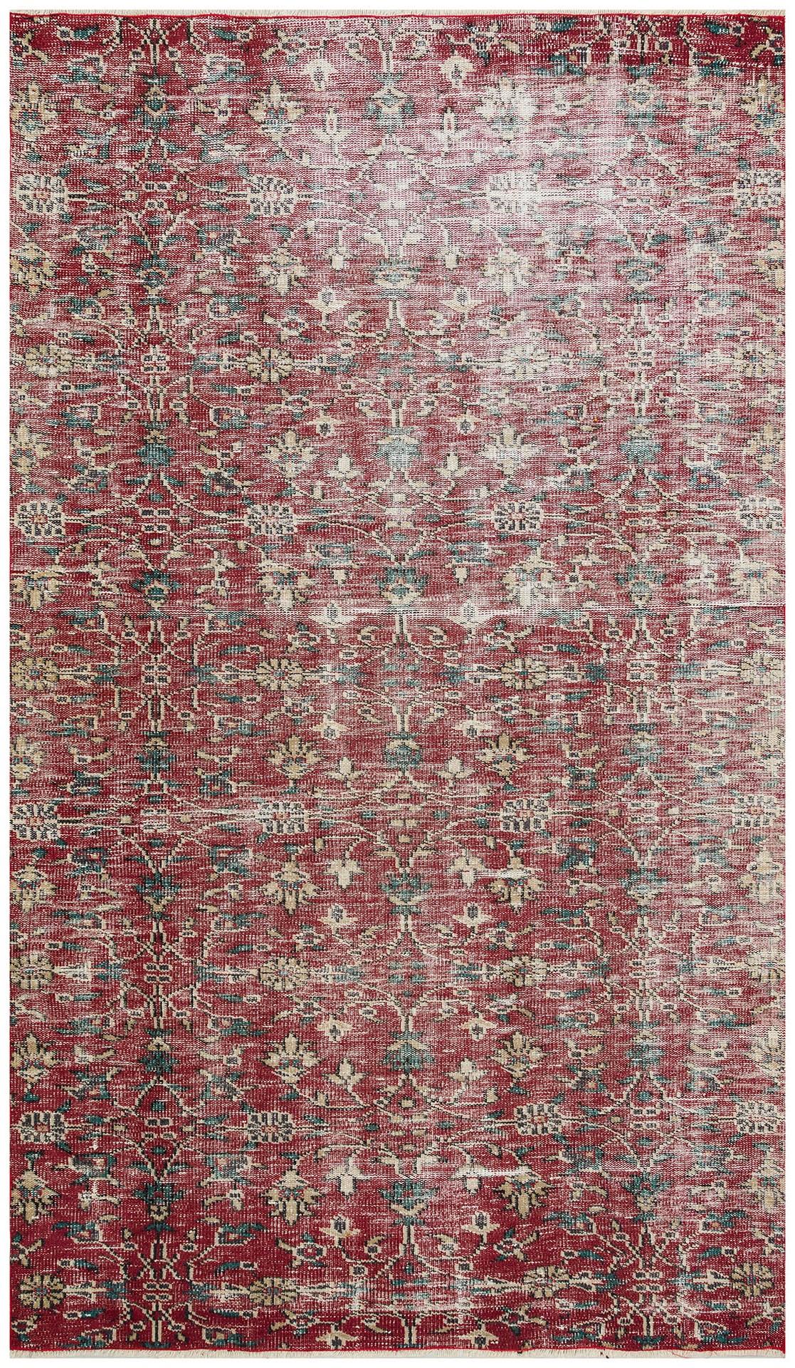 GERÇEK EL DOKUMA KIRMIZI  RENGİ ÇİÇEKLİ DESEN ESKİTME VİNTAGE HALISI