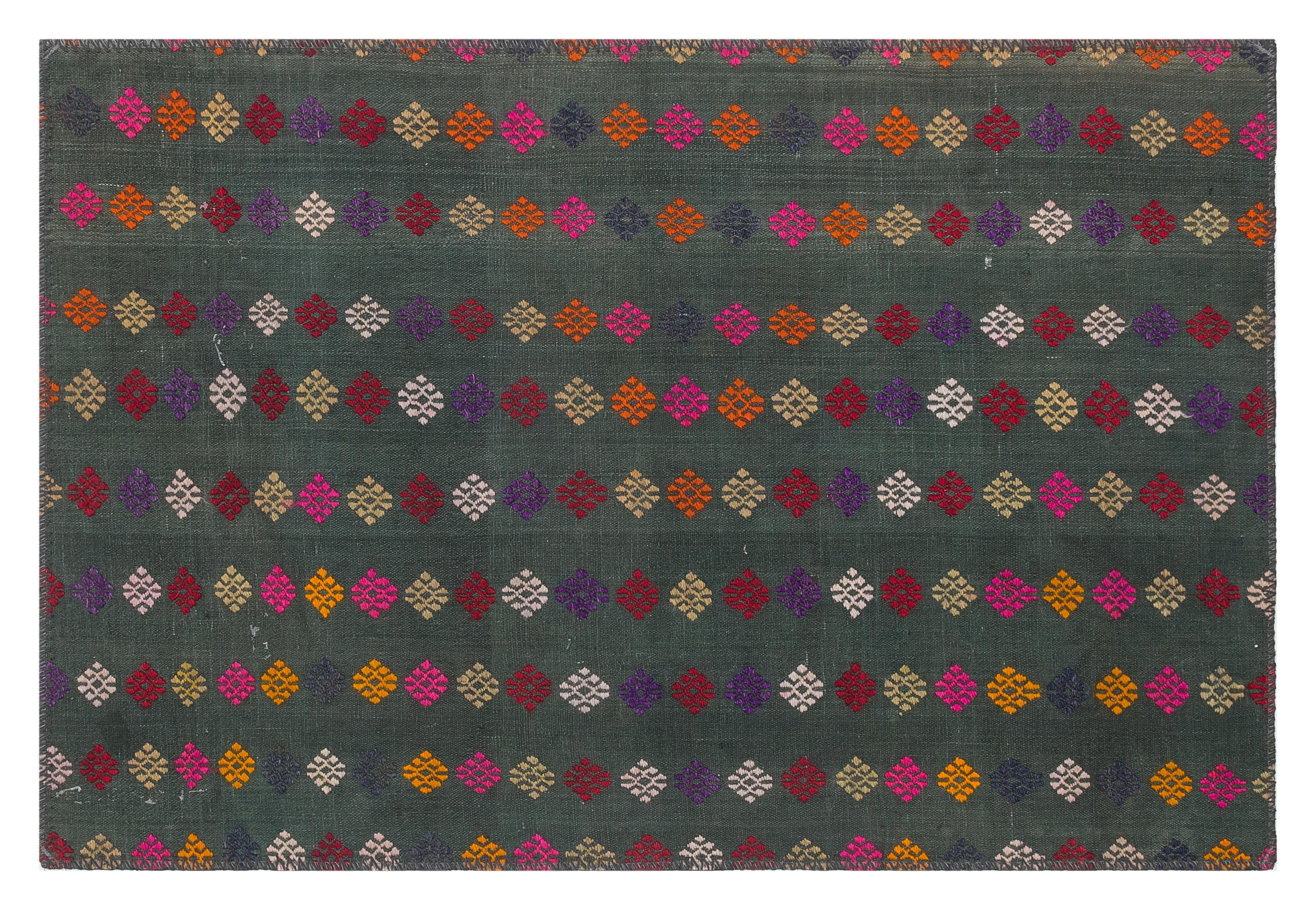 GERÇEK EL DOKUMA YEŞİL ÇİÇEKLİ DESEN KİLİM PASPAS