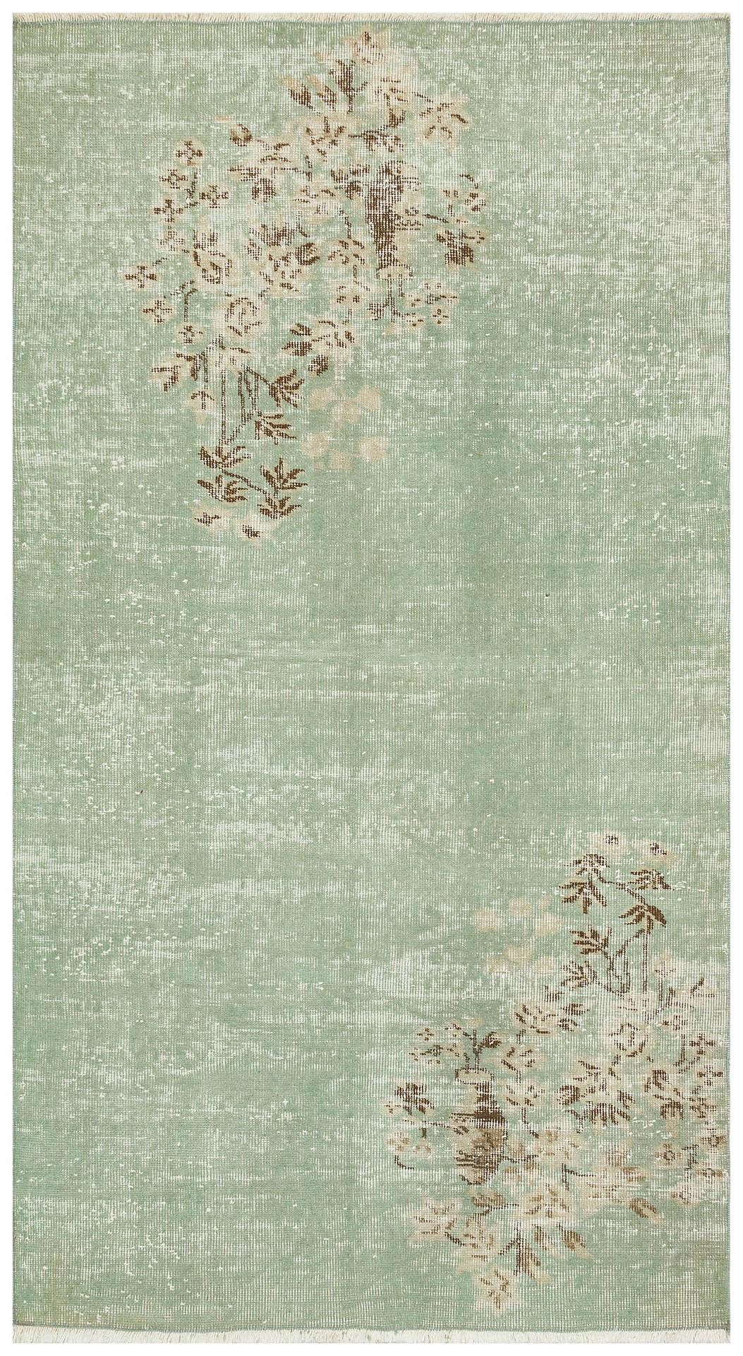 GERÇEK EL DOKUMA PUDRA YEŞİL RENGİ ÇİÇEKLİ DESEN YOLLUK HALISI