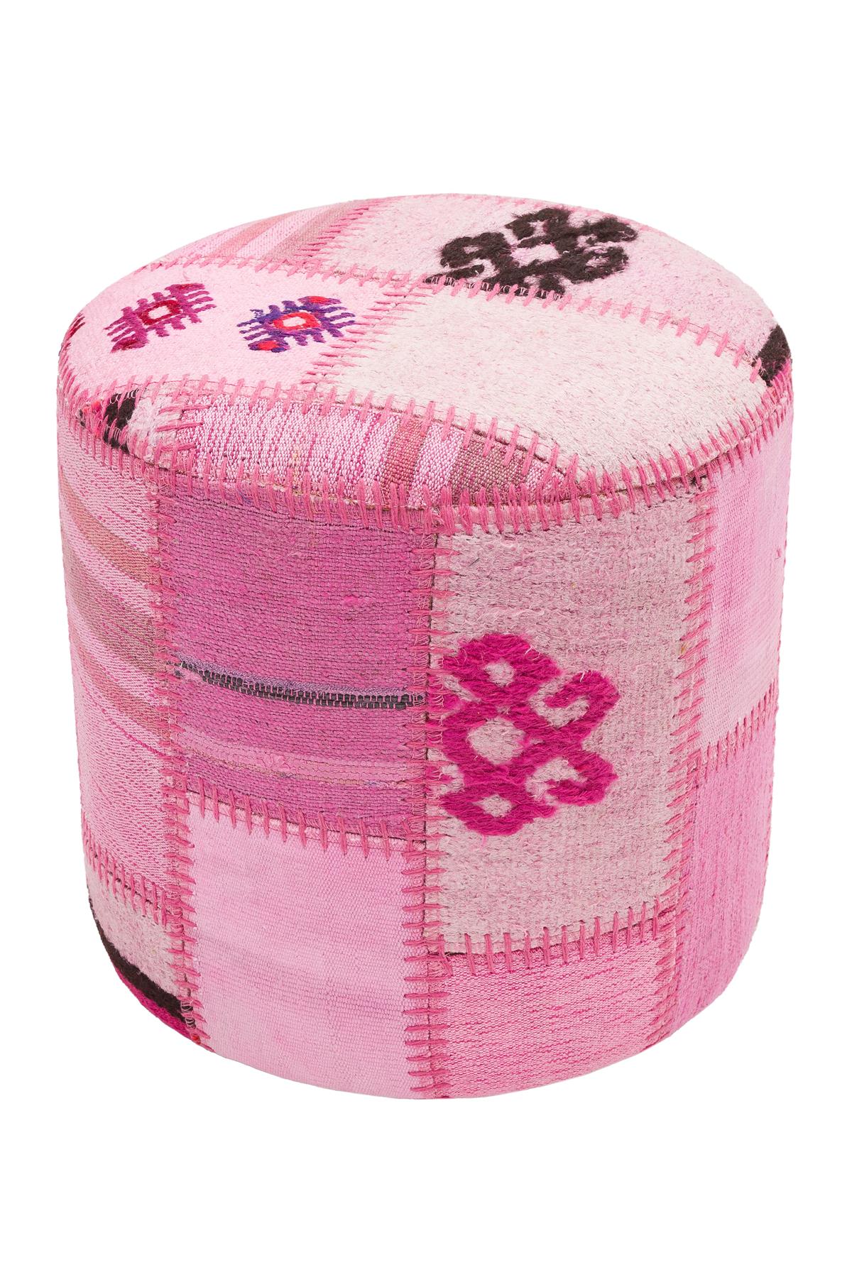 GERÇEK EL DOKUMA PEMBE RENGİ KENDİR KİLİM YÜNLÜ PUF-40X40