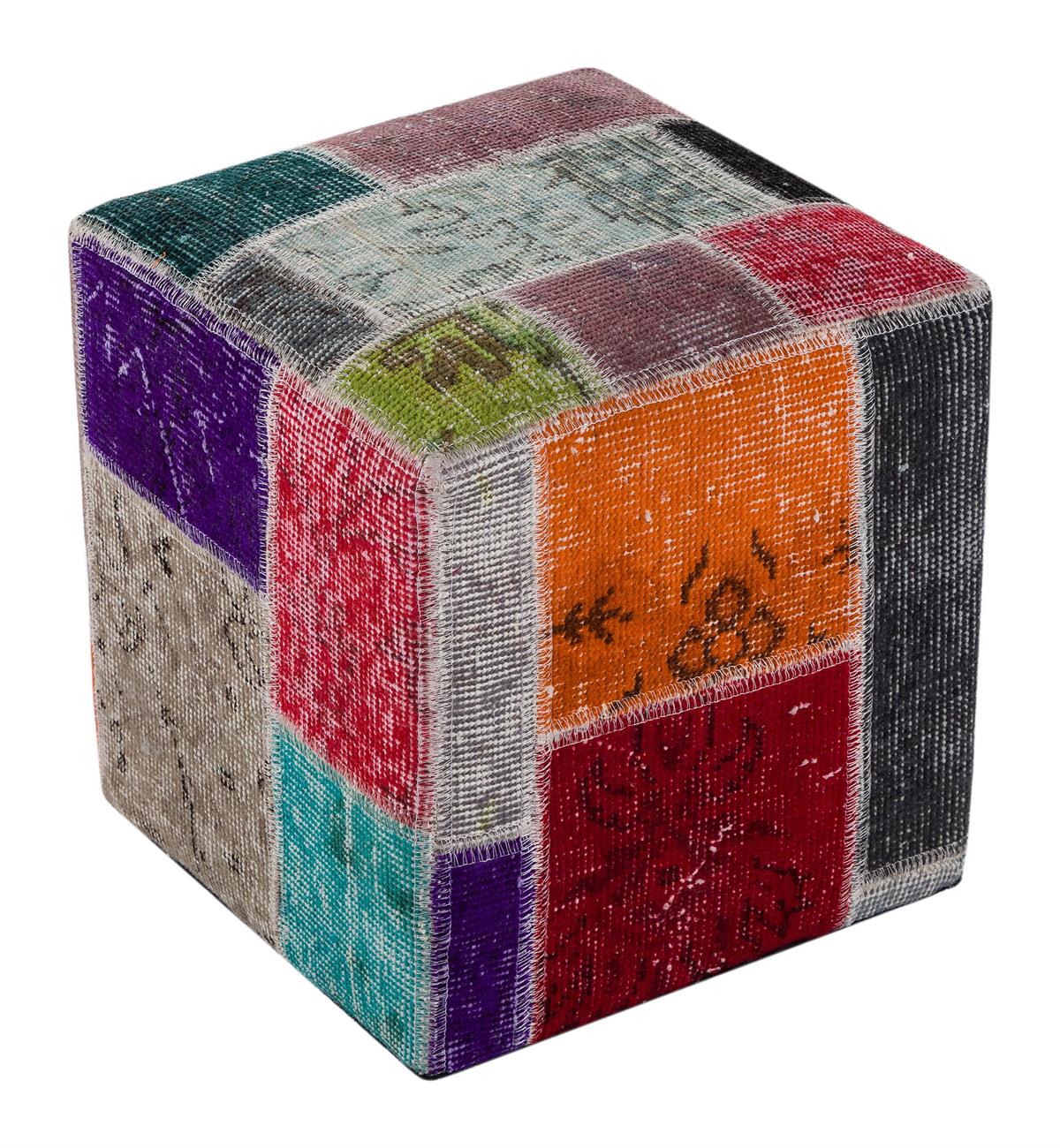 GERÇEK EL DOKUMA MULTİ RENGİ PATCHWORK KARE PUF