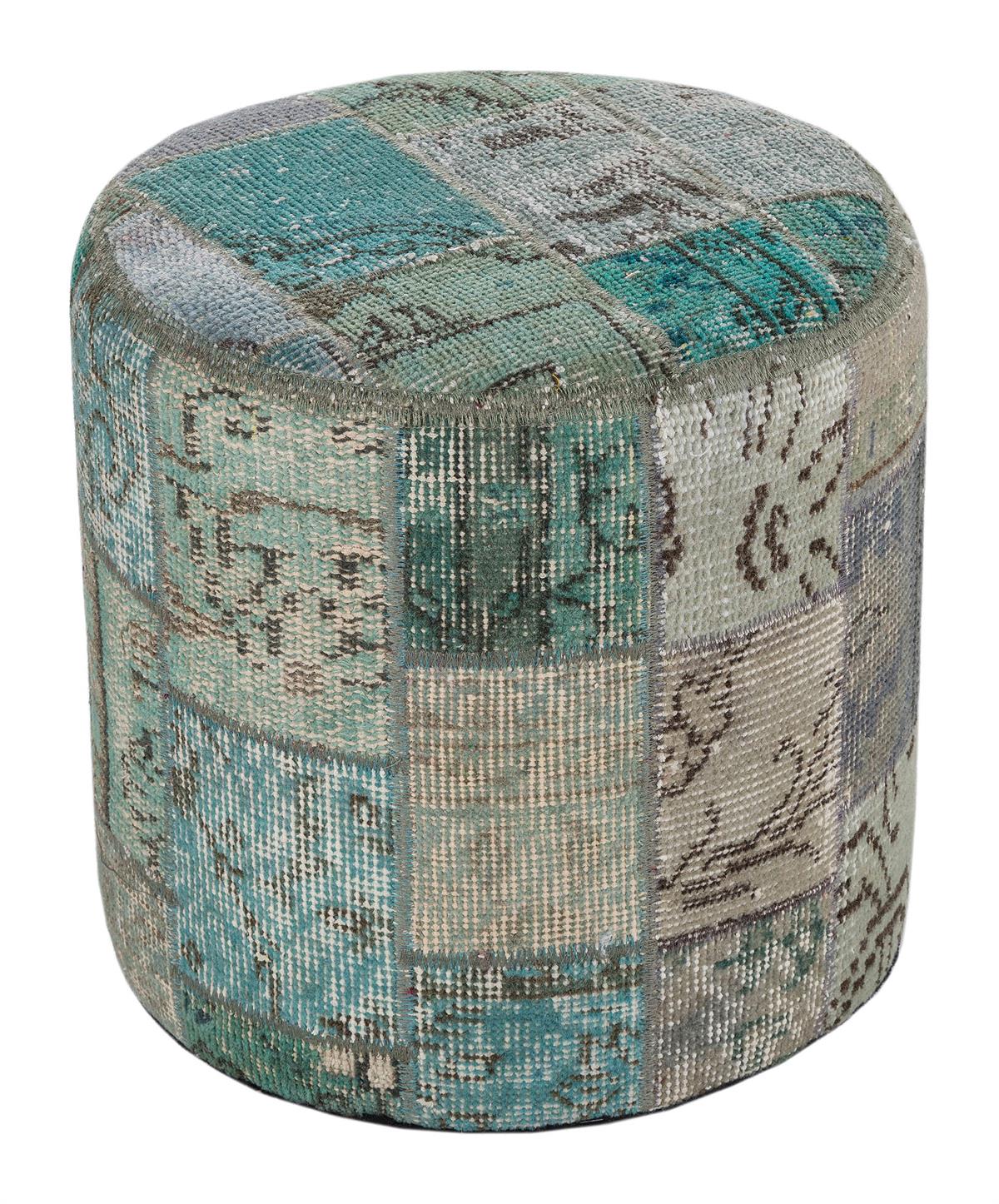 BUZ MAVİ RENGİ EL DOKUMA YUVARLAK PATCHWORK PUF