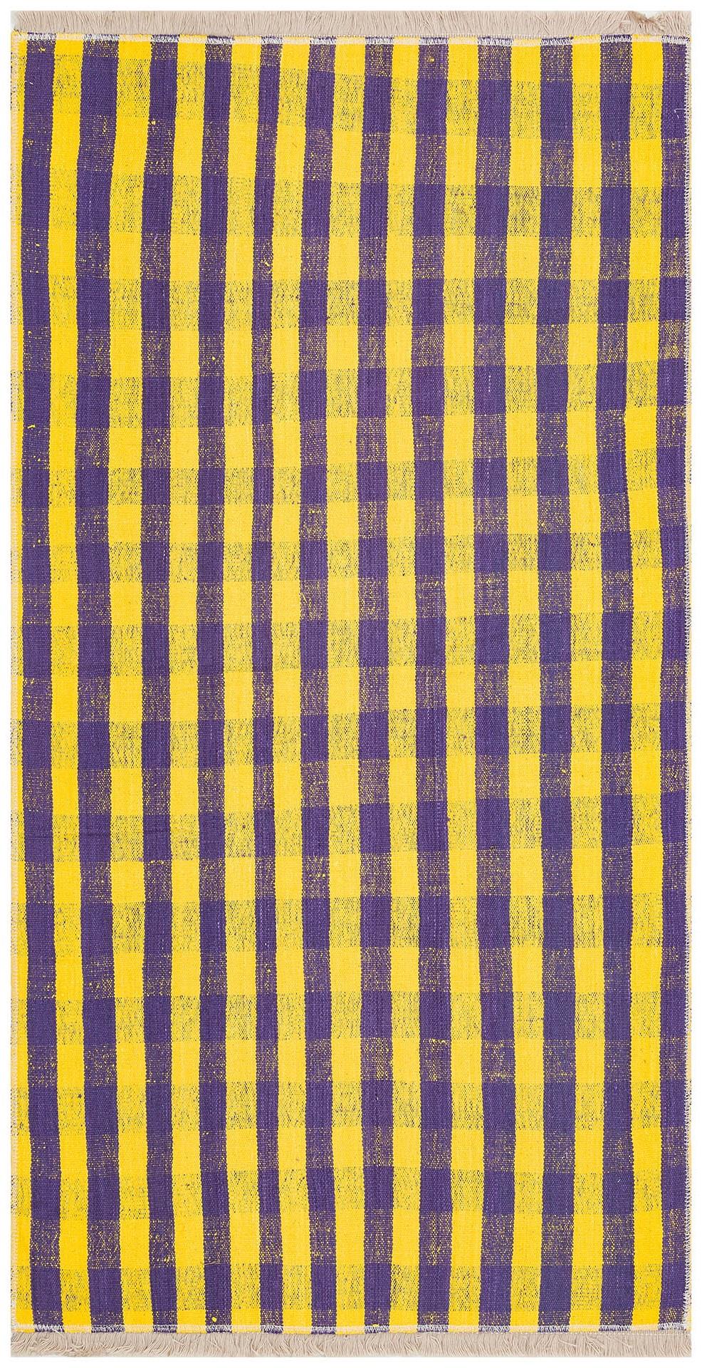 MAVİ RENGİ KARELİ DESEN EL DOKUMA VİNTAGE KİLİM  