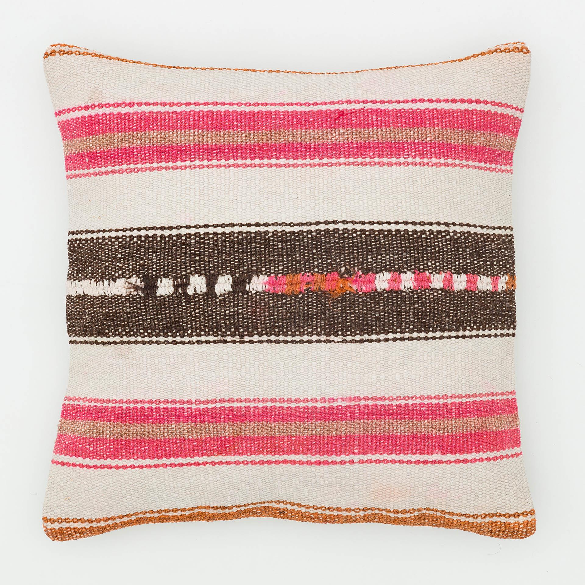 EL DOKUMA BEYAZ RENK PEMBE KAHVERENGİ ASTARLI YASTIK KILIFI