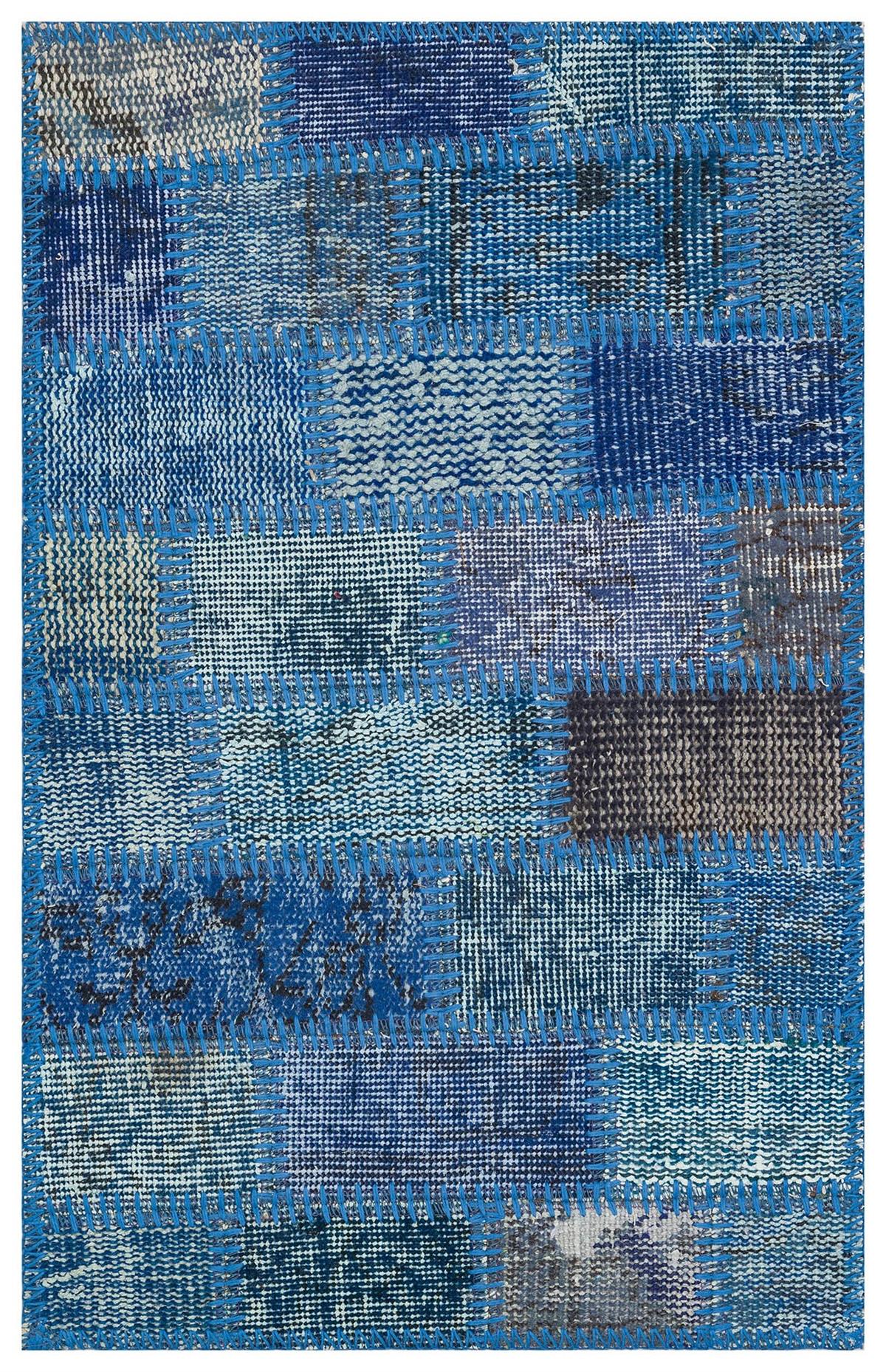Eşsiz El Dokuma Mavi Rengi Patchwork Halı Paspas-50x80