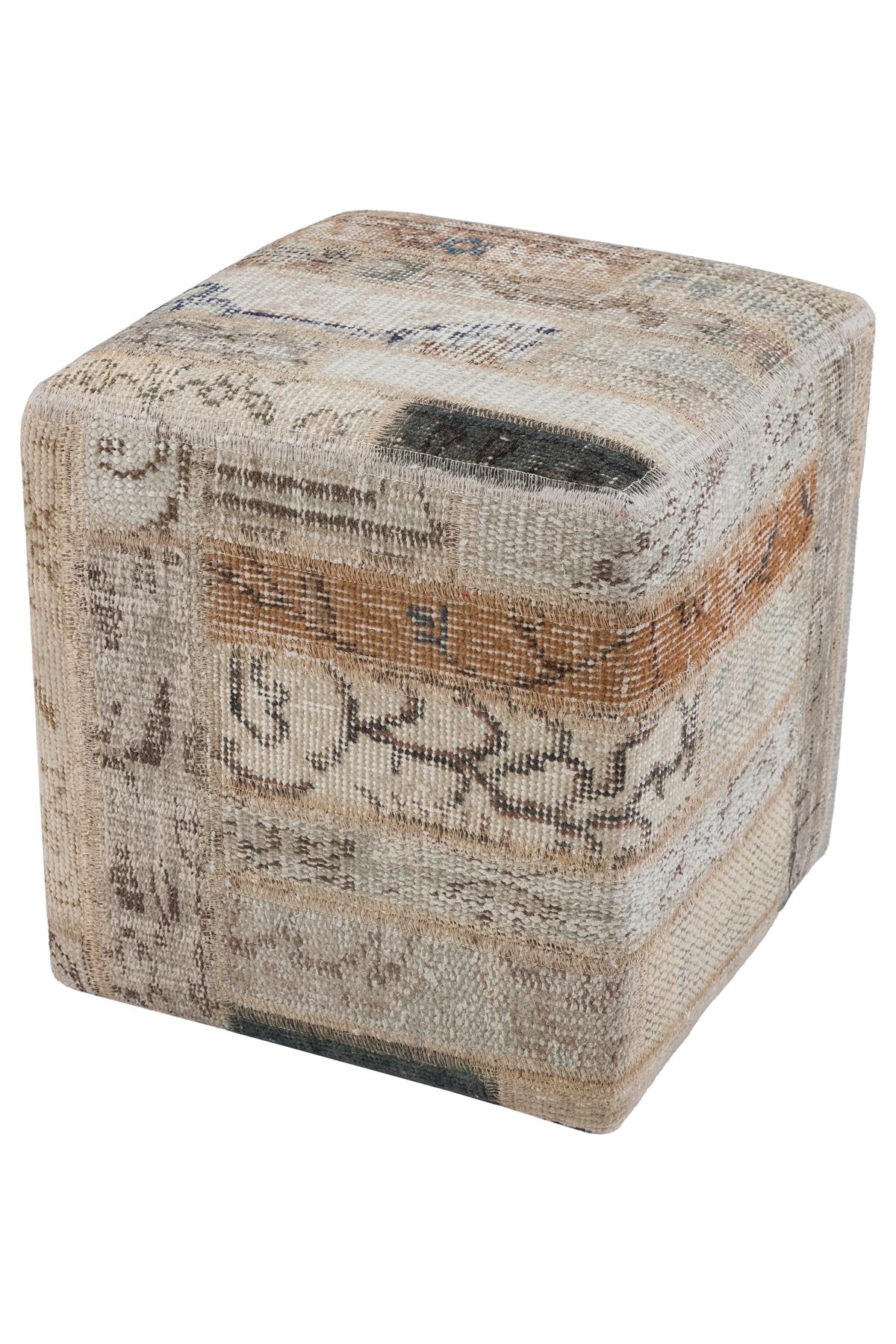 GERÇEK EL DOKUMA BEJ KAHVERENGİ PATCHWORK KARE PUF